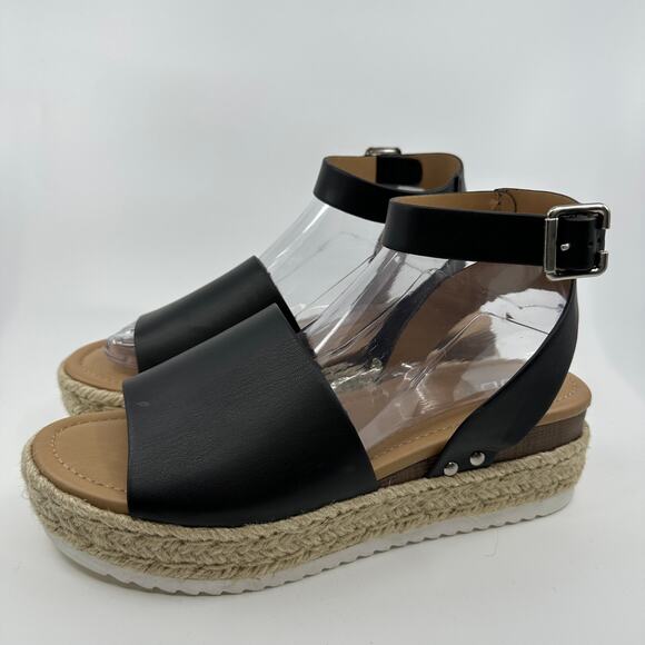 Soda Sandals Women 10 Black Espadrille Buckled Ankle Strap Open Toe Wedge Casual - Picture 6 of 9